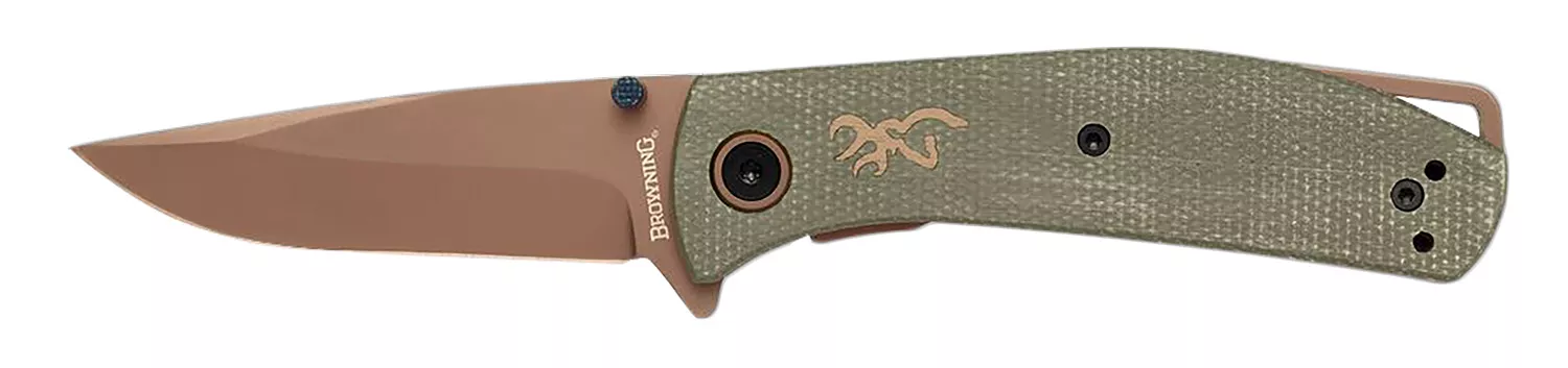 Browning 3220516B TrailsideEDC Small 3" Folding Modified Drop Point Plain Titanium Finish D2 Steel Blade, Green Micarta Handle, Boxed Pkg