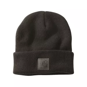 Carhartt Mens Knit Cuffed Leather Patch Beanie Black