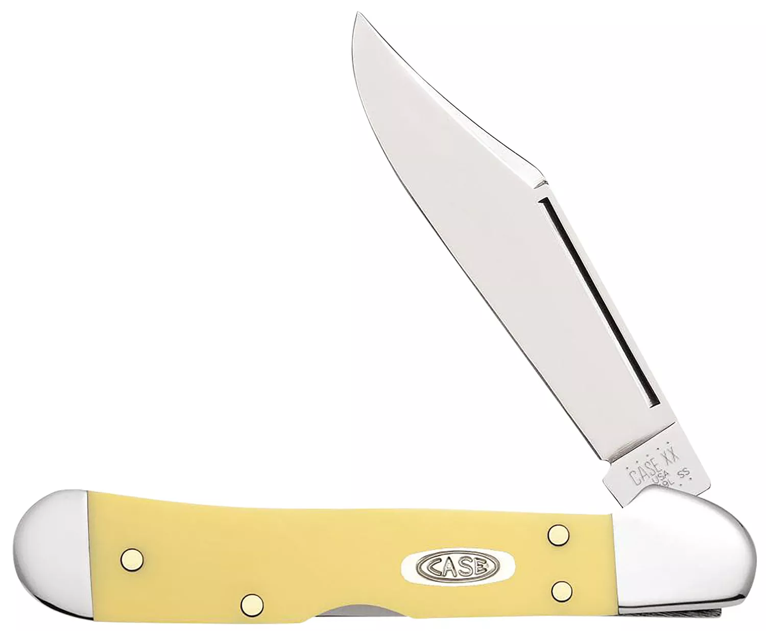Case 30116 CopperLockMini 2.72" Folding Clip Point Plain Mirror Polished Carbon Steel Blade, Yellow Synthetic Handle