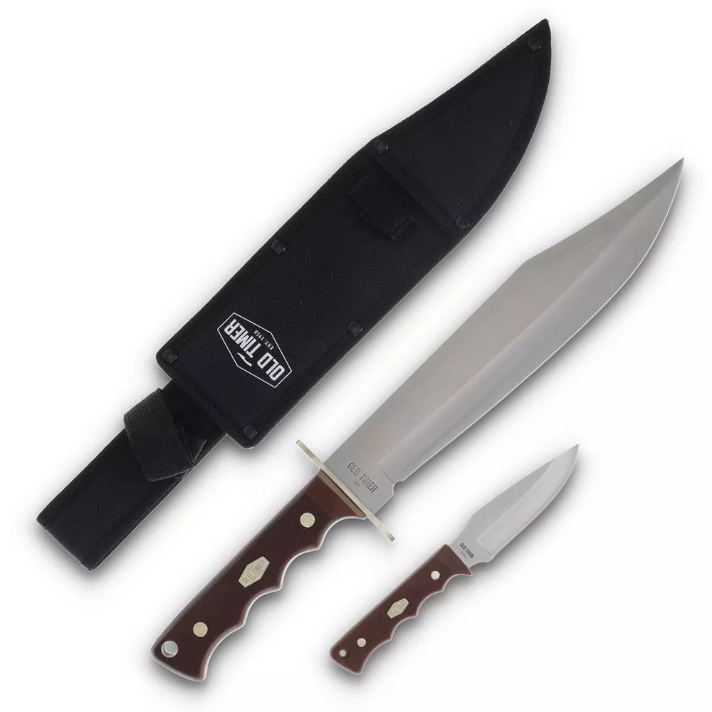 Old Timer Bowie Fixed Blade Combo 10" Bowie Blade 3-1/2" Skinner Blade Brown