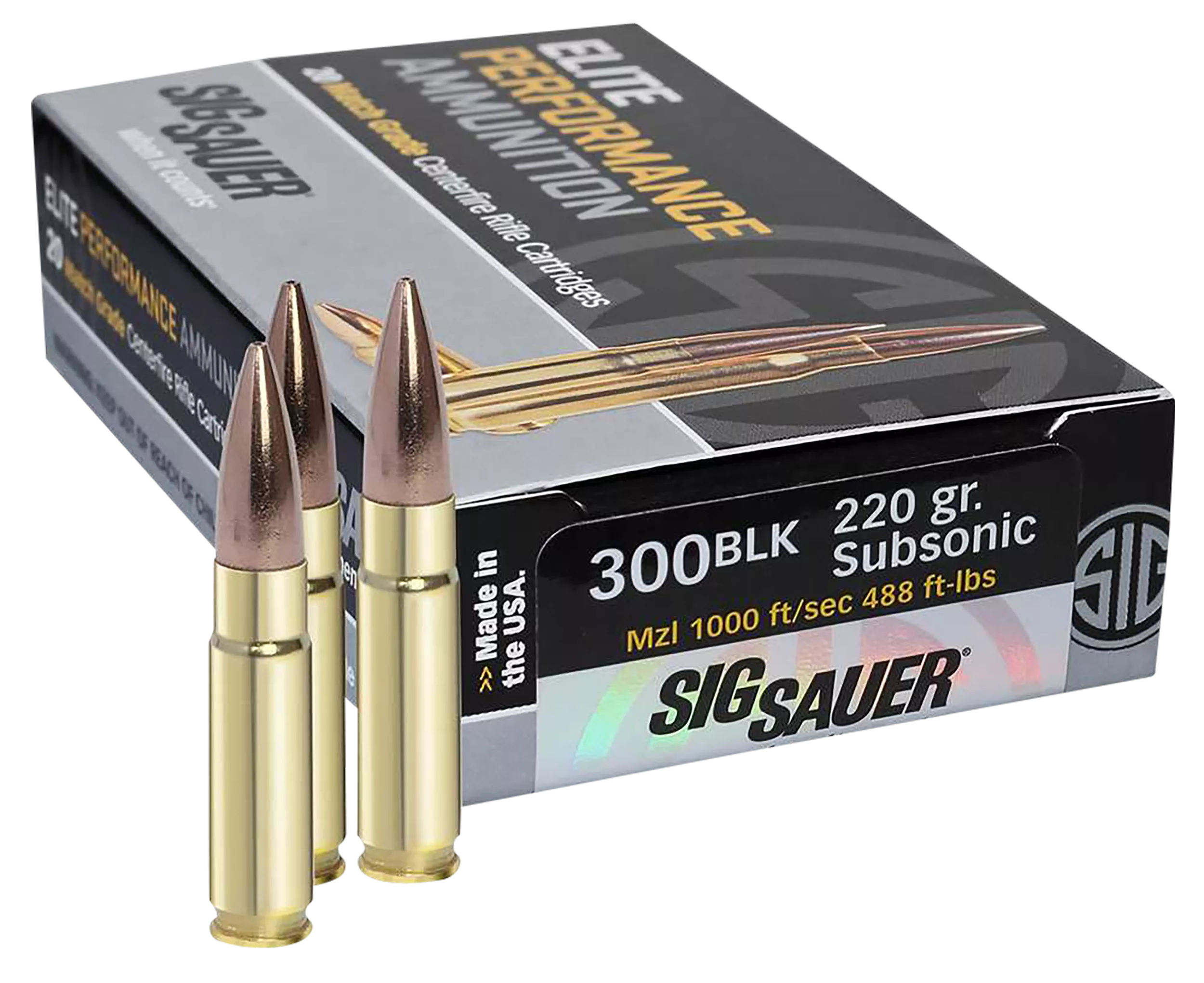 Sig Sauer Elite Performance Rifle Ammunition E300A2, 300 Blackout, Open Tip Match (OTM), 220 GR, 1000 fps, 20 Rd/bx